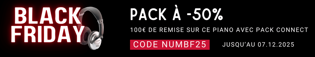 Jusqu'au 7 décembre, profitez de 50% de remise sur le pack connect vendu avec ce piano, soit une remise de 100€. Offre valable en ligne avec le code NUMBF25 ou en magasin.
