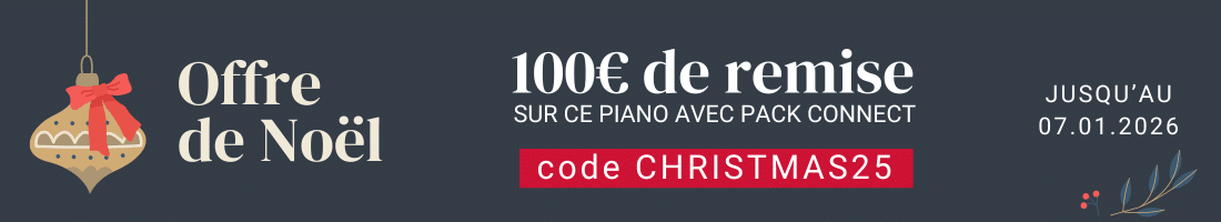 Jusqu'au 7 janvier, profitez de 50% de remise sur le pack connect vendu avec ce piano, soit une remise de 100€. Offre valable en ligne avec le code CHRISTMAS25 ou en magasin.